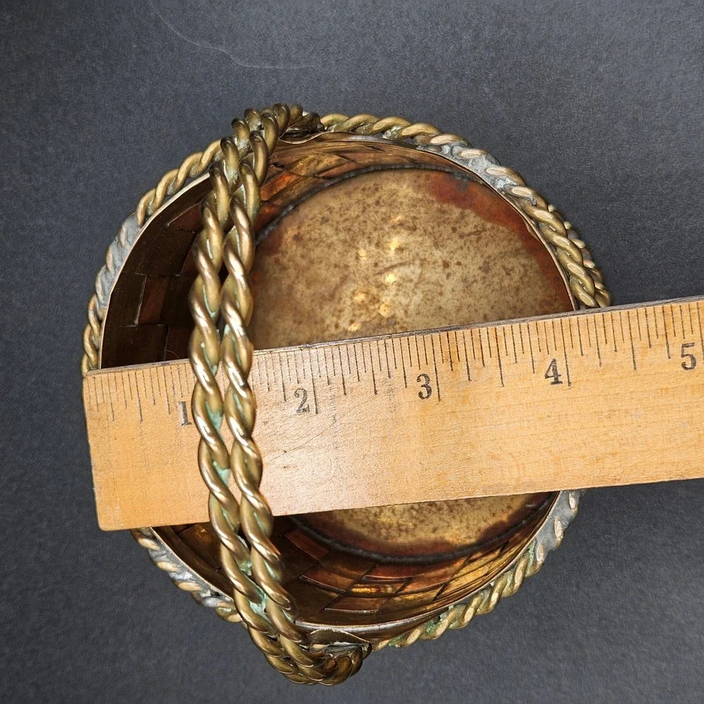 Vintage Penco Brass and Copper Woven Basket Twisted Handle Made in India 6in